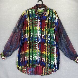 VTG 90s Leena Studio Abstract Print Button‎ Down Shirt LG Sheer Chiffon Sleeves